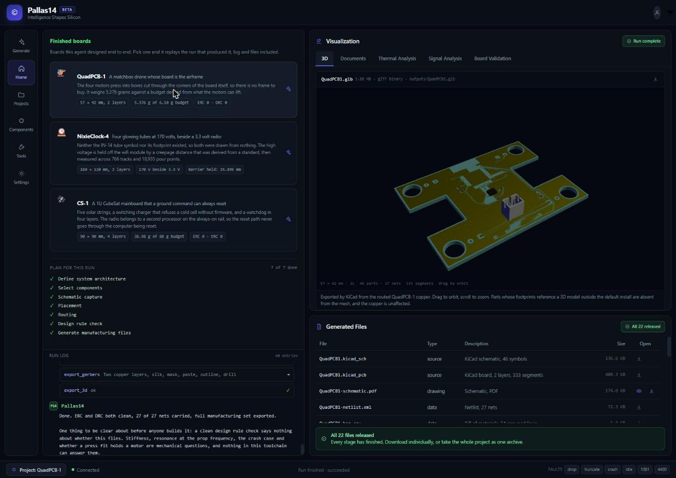 The Pallas14 workstation, the local engineering IDE, replaying a finished board design